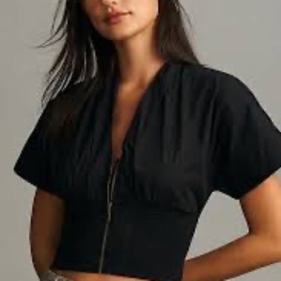 Maeve by Anthropologie Black Zip Front Smocked Waist Top Size Large - Picture 1 of 7